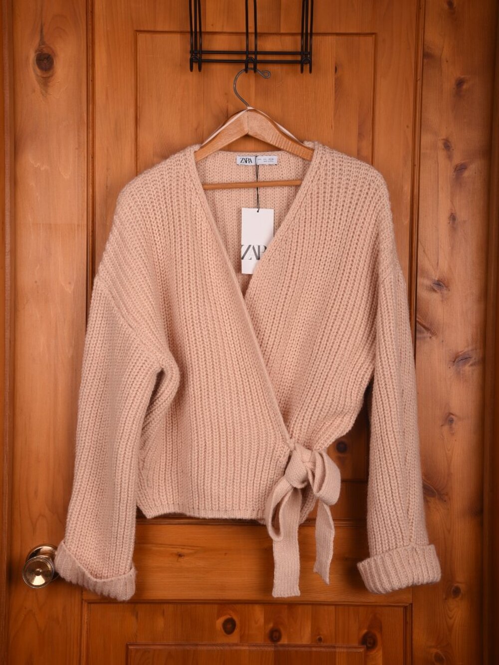 Zara Wrap-Front Tie Sweater Cardigan Cuffed Sleeve Blush Pink NWT - Size Large